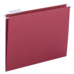 The Smead Hanging File Folder features a red letter-size design with adjustable 1/5-cut tabs, metal hooks, and a white label tab. Sold in packs of 25 per box (64067), it is displayed upright against a plain background.