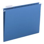 The Sky Blue Smead Hanging File Folder, letter-size with a 1/5-cut adjustable tab, features sturdy metal hooks and a white plastic tab for easy labeling, ensuring a sleek and organized design. Model 64068 comes in a box of 25.