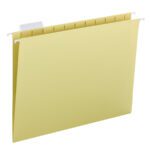 The Smead Hanging File Folder with Tab, 1/5-Cut Adjustable Tab, in letter size and yellow, features metal hooks, an open top, and a white tab holder for easy labeling. Perfect for filing cabinets, it is sold in sets of 25 per Box (64069).