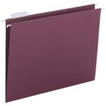 The Smead Hanging File Folder with Tab (64073) is maroon, features a 1/5-cut adjustable tab, metal rod, hooks for easy suspension, and a small white label for identification—ideal for organizing your filing cabinet.