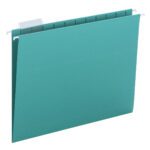 The Smead Hanging File Folder, Letter Size, Teal (64074), includes 1/5-cut adjustable plastic tabs and sturdy metal hooks for filing cabinet use. Comes in a box of 25.