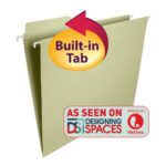 The Smead FasTab? Hanging File Folder in moss green, with a 1/3-cut built-in tab, proudly exhibits the Built-in Tab label as highlighted by red and yellow arrows. Featured on Designing Spaces, it carries the Lifetime logo. (Model 64082).
