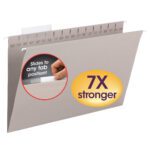 The Smead TUFF? Hanging File Folder in Steel Gray includes a 1/3-Cut Easy Slide? Tab labeled 7X stronger. A circular inset shows a hand adjusting the tabs position. Available in a legal size package of 18 per Box (64093).