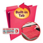 The Smead FasTab Hanging File Folders, 1/3-cut built-in tab, in red (64096), displayed with a circular insert showing their use, come 20 per box. Featured on Designing Spaces on Lifetime for efficient organization.