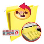 The Smead FasTab? Hanging File Folder, 1/3-Cut Built-In Tab, was showcased on Designing Spaces airing on Lifetime. An arrow highlights its feature.