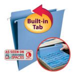 Close-up of Smead FasTab? Hanging File Folder, 1/3-cut built-in tab, letter size in blue with a red arrow highlighting Built-in Tab. Featured on Designing Spaces and Lifetime, these quality folders come 20 per box (64099) for easy organization.