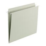 The Smead FasTab Hanging File Folder, featuring a straight-cut built-in tab and letter size, is moss-green with plastic hooks. Displayed slightly open against a white background, it promises easy organization in filing cabinets and adds a natural touch to your workspace. Available in boxes of 20 (64101).
