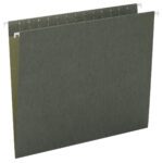 A Smead Hanging File Folder, Legal Size in Standard Green (64110), is showcased on a white background, highlighting its metallic hooks.