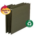 Displayed are four Smead 100% Recycled FasTab Hanging File Folders in moss color, each with a 1/3-cut built-in tab. A circular icon confirms 100% Recycled Stock with the recycling symbol, while a bold yellow and red label highlights the handy tab feature.
