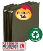 Smeads FasTab Hanging File Folders are legal size, standard green, with 1/3-cut built-in tabs. They feature a 100% Recycled Stock symbol and the label As Seen On Designing Spaces with a Lifetime logo; each box includes 20 folders (64138).