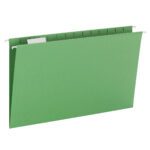 The Smead Hanging File Folder with Tab (64161) is bright green, includes a white 1/5-cut adjustable tab, and metal hooks. Ideal for legal-size documents, this folder comes in a box of 25 and is displayed on a white backdrop.