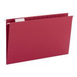 A Smead legal-size red hanging file folder (64167), featuring a 1/5-cut adjustable tab, stands empty against a white backdrop. Part of a 25-count box, it includes metal hooks for effortless filing cabinet attachment and seamless document organization.