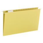 The Smead Hanging File Folder with Tab (64169) is a yellow, legal size organizer featuring 1/5-cut adjustable tabs and sturdy metal hooks for effortless suspension. It comes in a box of 25.
