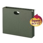Smead Hanging File Pockets, Letter Size, Standard Green (64220) feature 3-1/2 expansion accordion sides, handle cutout, and plastic hooks for easy hanging. Comes with a right-pointing yellow arrow indicating Expands to 3-1/2 and is available in boxes of 10.