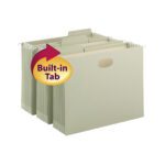 A row of moss Smead FasTab Hanging File Pockets features TUFF construction, full-height gusset with 5-1/4 expansion, built-in 1/3-cut tabs, and cutout handles. Red and yellow arrow highlights the Built-in Tab.