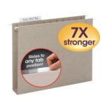 The Smead TUFF™ Hanging Box Bottom Folder features the Easy Slide™ Tab, allowing effortless adjustment of the 1/3-cut tab. A close-up image shows a hand adjusting the tab with a claim: Slides to any tab position! and highlights it is 7X stronger.