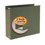 The Smead Hanging Box Bottom File Folder, with a 3 expansion and metal hooks for stability, comes as part of a 25-pack (64279), with each folder detailing its capacity by the round label.