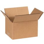 The open MH-USA 6 x 4 x 3 corrugated box in brown sits on a white background with flaps up, highlighting its sturdy design. Packaged in bundles of 25, these boxes ensure reliable durability for storage and shipping needs.