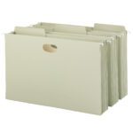 The Smead FasTab Hanging File Pockets in legal size feature full-height gussets, a 3-1/2 expansion, and 1/3-cut built-in tabs, available in moss color. Each box contains nine pockets to organize your filing cabinet efficiently.