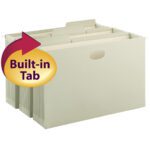 The Smead FasTab Hanging File Pocket features 1/3-Cut Built-in Tabs for easy organization, with a rounded handle cutout and Built-in Tab text. This moss-colored folder is made with TUFF Construction, expandable to 5-1/4, and includes a full-height gusset.