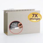 The image shows a Smead TUFF? Hanging Box Bottom Folder in Steel Gray with an Easy Slide? 1/3-cut adjustable tab. A circular inset highlights a hand adjusting the tab, complemented by a yellow oval label stating 7X stronger.