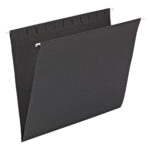 The Smead Hanging File Folder, Letter Size, Black (64427), features metal hooks and an expandable design. It is displayed against a white background, partially open. Each box contains 25 folders.