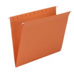 The Smead Hanging File Folders (64435) are letter-size, orange folders with metal hooks for filing cabinets, featuring expandable accordion sides. Each box contains 25 folders, perfect for organizing documents.