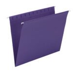The Smead Hanging File Folders, Letter Size, in vibrant purple (64436), come with side hangers for easy cabinet organization and a scored tab for labeling. Each open-top folder is available in packs of 25 per box.