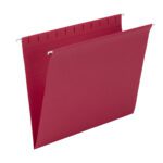 The Smead Hanging File Folder (64438), letter size, red, and equipped with side metal hooks, is designed for efficient cabinet organization and storage. Its open design highlights the empty interior.
