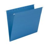 The Smead Hanging File Folders in Sky Blue, Letter Size, feature sturdy metal hooks and expandable sides with a reinforced top edge for secure storage. Perfect for filing cabinets, these folders come 25 per Box (64439), making them ideal for efficient document organization.