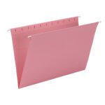 The Smead Hanging File Folders in dark pink, designed for legal-size documents, include sturdy metal hooks for easy cabinet fitting. Sold as 25 per box (64479), they stand upright to highlight their ample capacity.