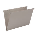 The Smead Hanging File Folders, Legal Size, Gray (64481) include 25 folders per box, featuring metal hooks for convenient suspension in any file cabinet and offer a simple document organization solution.