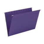 The Smead Hanging File Folders, Legal Size, Purple (64486) have metal hooks for easy suspension, include tabs, and offer a spacious interior for organizing documents. Each box contains 25 folders.
