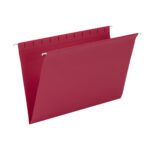 The Smead Hanging File Folders, Legal Size, in vibrant red (64488) feature sturdy metal hooks for easy cabinet use and spacious pockets for document organization, available in sets of 25 per box.