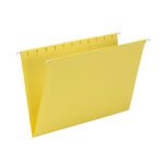The Smead Hanging File Folders (64491) in vibrant yellow, featuring a V-shaped bottom and sturdy metal hooks, are positioned against a white backdrop. These legal-size folders come 25 per box, offering ample capacity for documents with stylish organization.