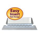 The Smead Poly Tab 1/5 Cut features a shiny metal clip with clear, rectangular label holders and grooves for secure label placement. It includes a yellow and purple Easy Insert Tab Design bubble and comes in packs of 25 (64600).