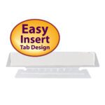 The Smead Poly Tab 1/3 Cut, Clear (64615), boasts a half-circle Easy Insert Tab Design label in vibrant yellow and purple for seamless folder organization. Available in packs of 25.