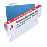 The hanging file folder, featuring a red and white label from Advanced Systems, Inc. with its address and phone number, has a tab labeled Anderson, Frank, using Smead Viewables Premium 3D Hanging Folder Tabs (pack of 25), while the blue contents slightly spill out.