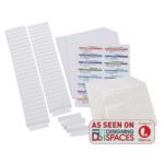 An image of white plastic strips, adhesive pads, and instructions features a red and white label with As seen on Designing Spaces, airing on Lifetime. The Smead Viewables Premium 3D Hanging Folder Tabs and Labels, bulk pack of 100 (64910), is shown for convenience.