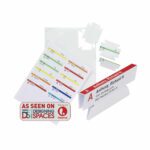 A set of folded name tent cards with colorful text lines showcases contact info and address, complemented by Smead® Viewables® Quick-Fold Hanging Folder Tabs and Labels for Inkjet and Laser Printers, pack of 45 (64912). A sticker reads As Seen On Designing Spaces with a Lifetime logo.