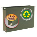 The Smead 100% Recycled Hanging Box Bottom File Folder (65095) in standard green features a legal size, 2-inch expansion, and is made from 100% recycled materials, including 30% post-consumer content. Available in packs of 25.