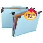 Two Smead FasTab? hanging file folders, with a 2/5-cut built-in tab, black hooks, and SafeSHIELD? fastener, are displayed. One folder is behind the other. A yellow/red arrow highlights Built-in Tab. These letter-size blue folders are available in packs of 10 (65105).