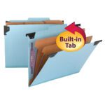 The Smead FasTab Hanging Pressboard Classification File Folder with SafeSHIELD Fastener, featuring 2/5-cut built-in tabs and brown dividers, is perfect for organizing letter-sized documents. Comes in blue, with 10 folders per box (65115).