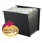 The Smead Poly Hanging Expanding File (65125) in black features 12 monthly labeled dividers, offers ample letter-size space, and includes a graphic with a hand icon and sparkles emphasizing its easy-to-clean surface. The translucent dividers add sophistication.