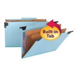 The Smead FasTab Hanging Pressboard Classification File Folders (model 65165) in blue feature black corner protectors, SafeSHIELD Fasteners, and a 2/5-Cut Built-in Tab. The open folder reveals brown dividers. Sold as a set of 10 per box.