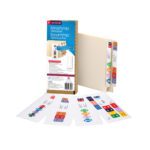 The Smead Smartstrip Labels Refill Pack includes an open box with 250 vibrant end tab labels, ideal for ink-jet printers (66006), and features file folders with colorful numerical tabs and vivid label sheets.