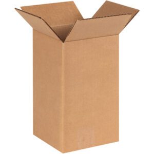 The MH-USA 6 x 6 x 10 Tall Corrugated Boxes (25/Bundle) stand upright on a white background with outward spread flaps, offering durability and practicality for diverse needs.
