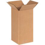Standing upright on a plain white background is an MH-USA 6 x 6 x 12 Tall Corrugated Box (25/Bundle) with its flaps spread out.
