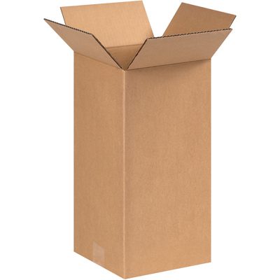 6614.jpg A tall MH-USA 6 x 6 x 14 corrugated box stands upright, flaps unfolded, against a white background. Featuring a sturdy brown texture, this box comes in a convenient bundle of 25.