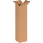 An MH-USA 6 x 6 x 24 Tall Corrugated Box from a set of 25/Bundle stands upright with open top flaps, showcasing a simple design meant for packaging or shipping tall items.